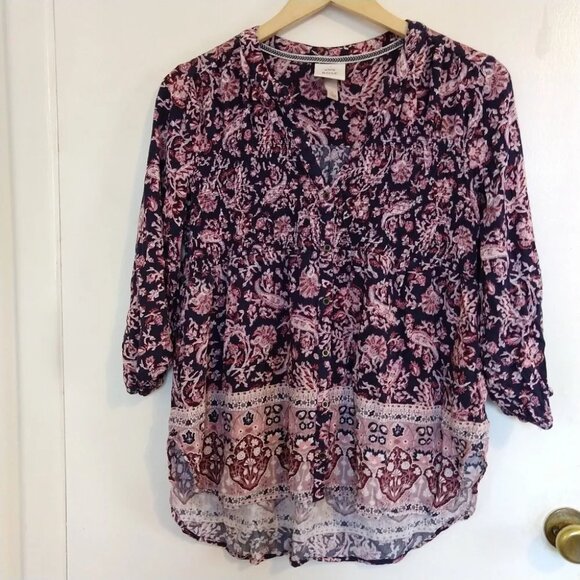 Knox Rose Thistle Floral Print Tunic Hi-Low Smocking Size S Boho - Picture 2 of 7